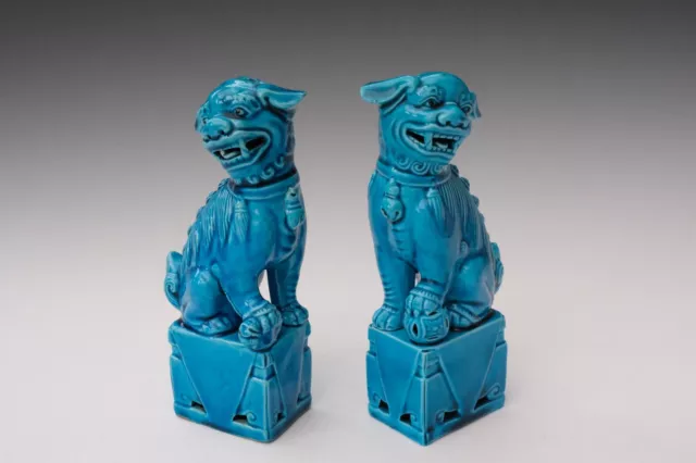 Chinese/Asian? porcelain turquoise Temple Lions Dogs of Fo on pedestals 15cm