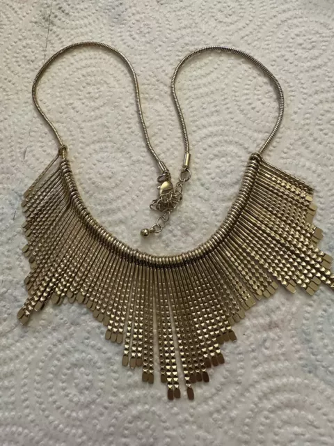 Gold Tone Fringe Statement Necklace 17.5”