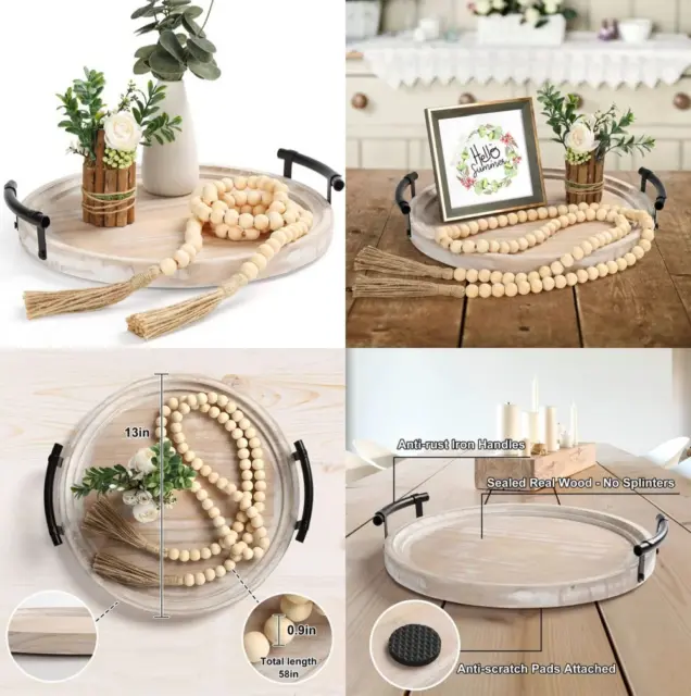 Round Wood Tray/w Bead Garland - 13" Decorative Trays for Home White
