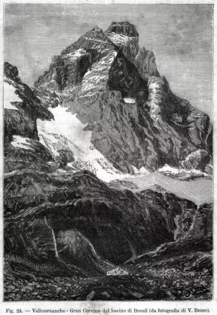 Monte Cervino da Breuil-Cervinia, Valtournenche. Stampa antica di 130 anni. 1890 2