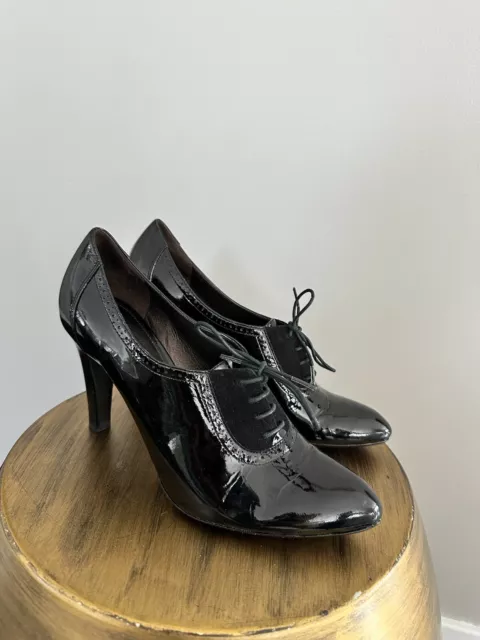 Via Spiga Size 7.5 Women's Shoes Black Lace Up Oxford Patent Leather Heels
