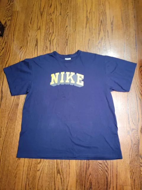 Nike Shirt Large Navy Blue Logo Tee Crew Neck T Shirt Regular Yellow Logo