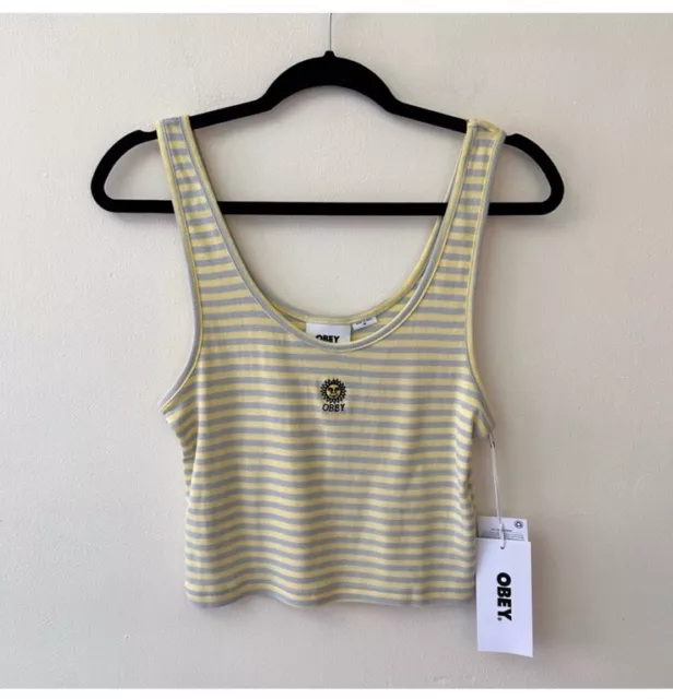Obey Sunny yellow stripe tank with embroidered sun size medium NWT 3