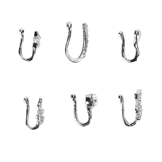 (Silver) 6pcs Fake Nose Ring Hoop Clip On Stainless Steel Hypo