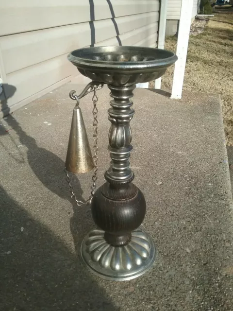 Vintage Dilly Silver Tone Cast Metal Pillar Candle Holder W/ Chained Snuffer.