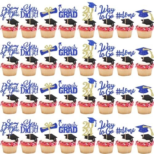 GRADUATION CUPCAKE TOPPERS 2024 Blue and Gold Congrats Grad Class Of