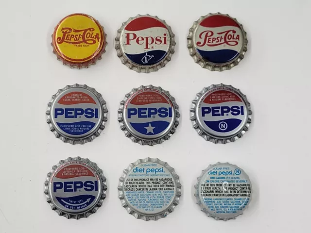 Vintage Lot Of Nine Multicolored Pepsi-Cola Bottle Caps. Good Condition