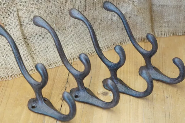 4 Cast Iron TRIPLE SCHOOL Style Coat Hooks Hat Hook Rack Hall Tree Tack Rustic 2