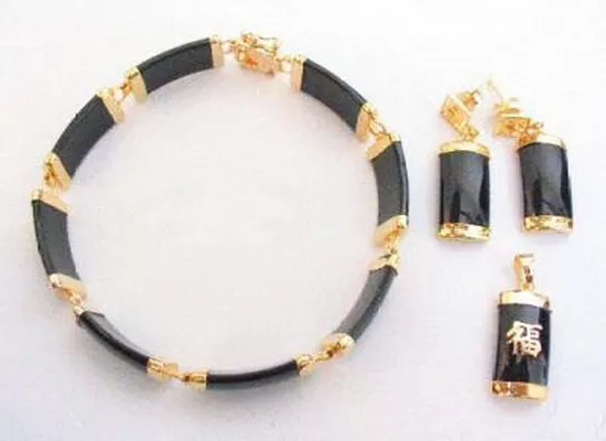 Black Agate Onyx 18KGP Blessing Fortune Pendant Necklace Bracelet Earrings Set