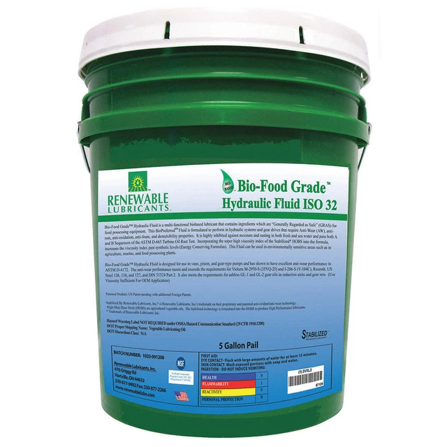 RENEWABLE LUBRICANTS 87124 Bio-Food Grade Hydraulic Fluid,5 Gal,32