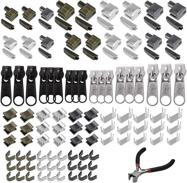 Kit Riparazione Cerniere Lampo 85 Pezzi - Con Linguette Metalliche, Pinza E Tappi, Per Jeans, Giacche, Borse - 12