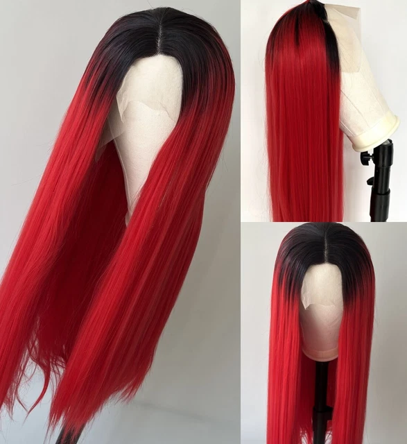 AU 26inch Lace Front Wig Ombre red Straight Heat Resistant Hair Handtied