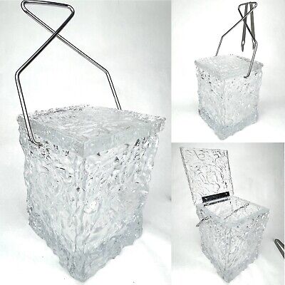 Vintage MCM Lucite Ice Bucket Hinged Textured Block Tongs Chrome Handle Wilardy