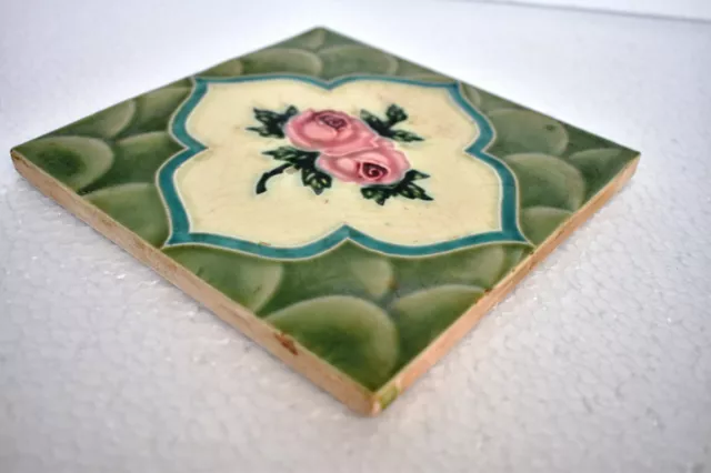 Antique Japan Tile Art Nouveau Majolica Ceramic Porcelain Floral Design Saji"I35 3