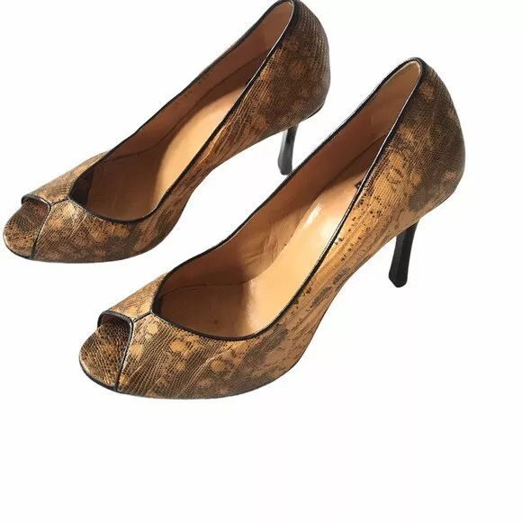 Casadei Shoes Womens Leather Croc Embossed Peep Toe Stiletto Pumps Brown Size 8