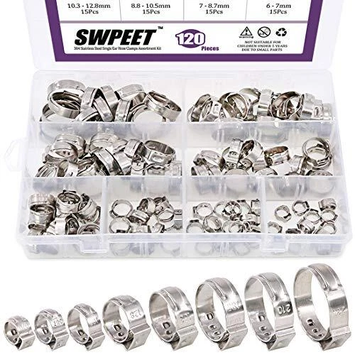 120Pcs 8 Sizes 304 Stainless Steel Single Ear Hose Clamps Crimp Hose Clamp As...