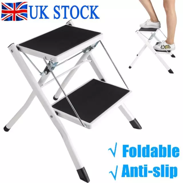 Two Step Folding Steel Frame Stool Ladder Safety Anti Slip Rubber Mat Tread Uk