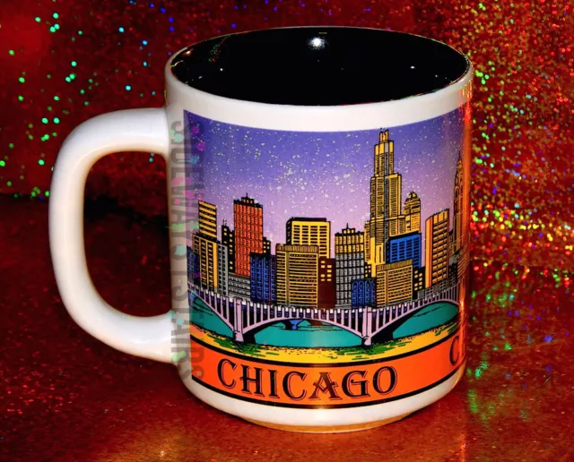 VINTAGE CHICAGO SKYLINE MUG colorful night diamond building sears tower 90s rare 3