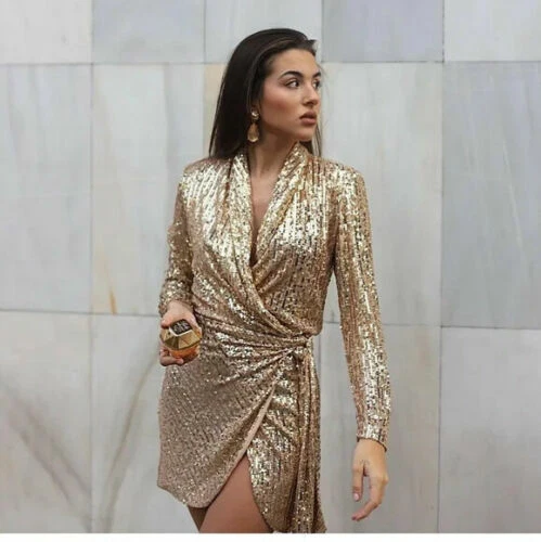 ZARA GOLDEN SHORT Sequin Wrap Dress Size XS Ref 2251 028 54.99 - PicClick  UK