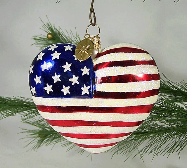 Radko 2001 Flag Heart 9-11 Brave Heart Glittered 3.5" Christmas Ornament New NOS
