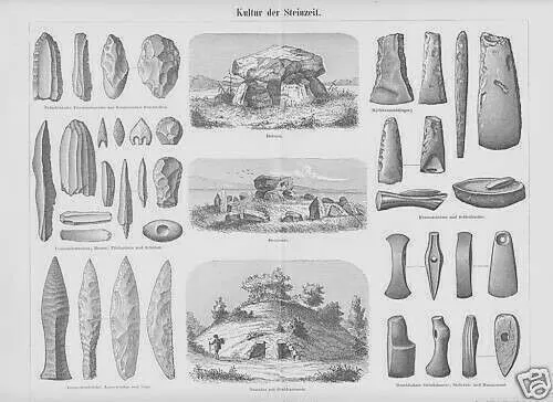 Kultur der Steinzeit Geräte Waffen Gräber Holzstich von 1897