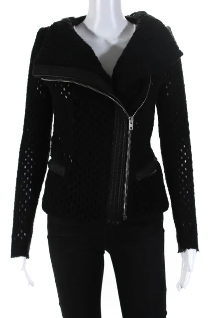 IRO Women's Open Knit Leather Trim Moto Jacket Black Size 36