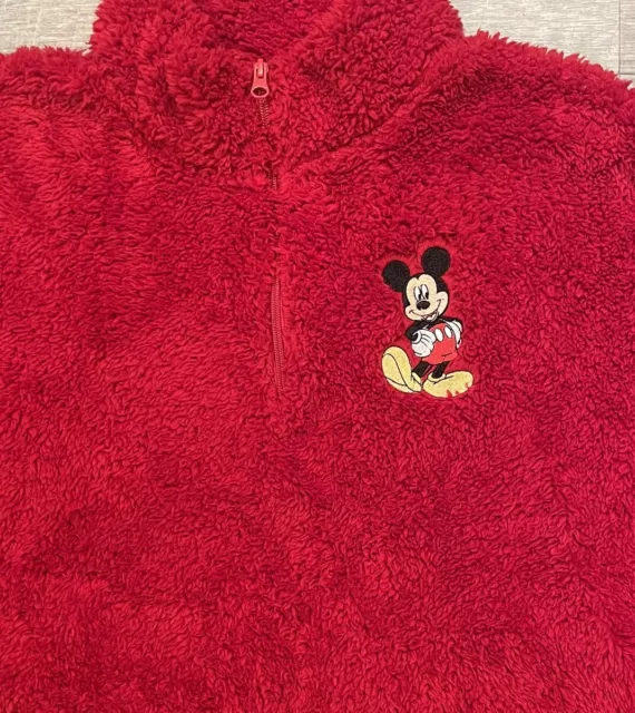 Disney Mickey Mouse Fleece Sherpa Sweater Womens Cozy Red Zip Sweatshirt XL 2