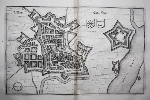 Wesel Rhin Plan de Ville Vue Nordrhein-Westfalen Merian Gravure sur Cuivre 1650