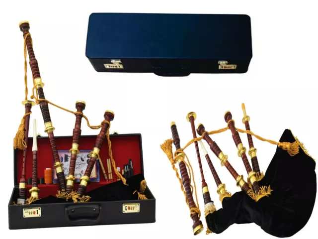 New Scottish Rosewood Natural Bagpipe Engraved Golden Brass Mounts w/ Hard Case