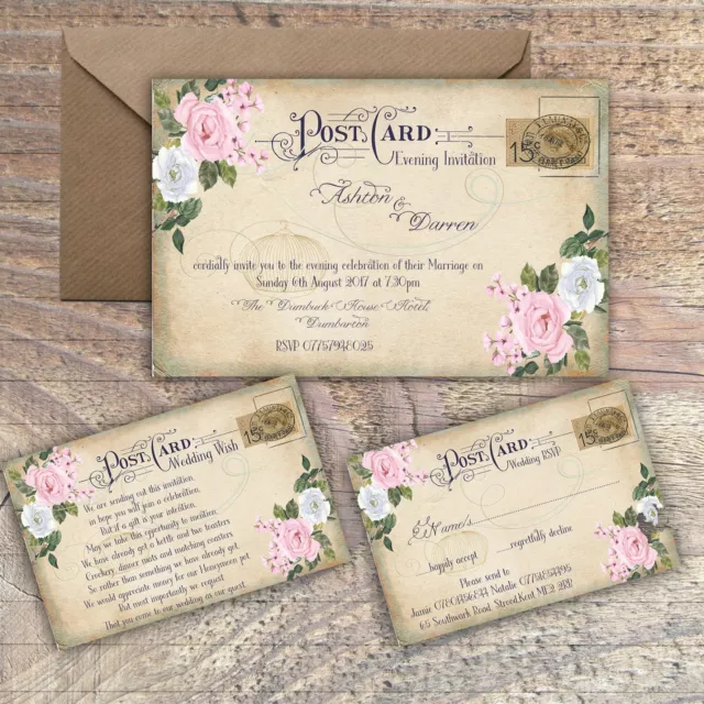 Personalised Vintage Postcard Pink & Grey Floral Wedding Invitations Packs Of 10