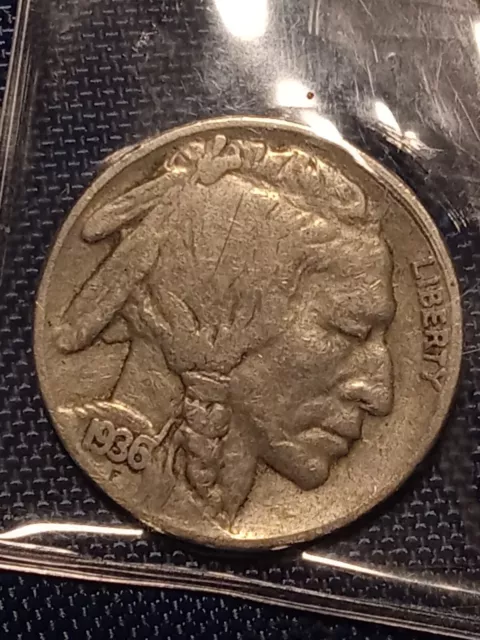 1936 F Buffalo Nickel 5 Cents No Mint Mark, Rare Letter And Rim Errors
