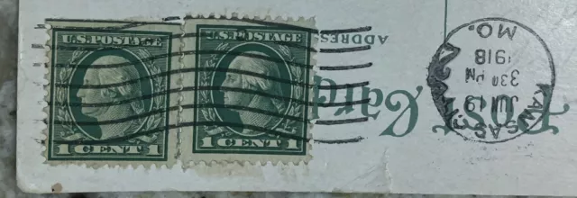 Two Rare Green Line 1 cent George Washington Stamps on Postcard Kansas City 1918