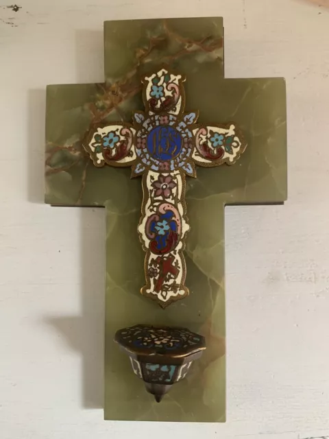 Antique French Cloisonné Marble Holy Water Font, Cross.