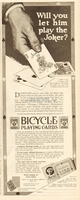 1921 Bicycle Playing Cards Joker Rules US Playing Card Co Cincinnati OH Ad