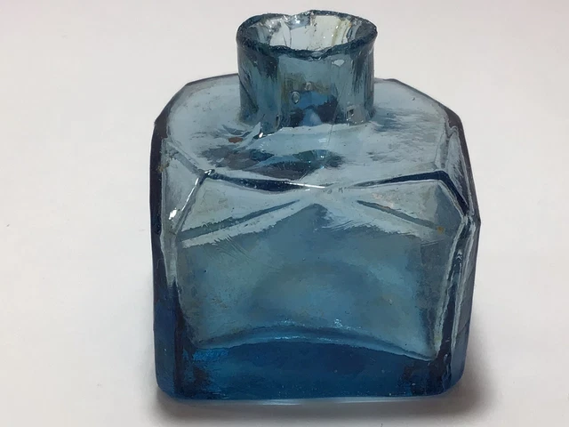 Nice PALE BLUE Square CHAMFERED EDGES Victorian Old Ink Bottle J10