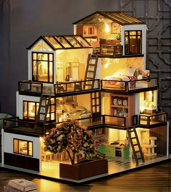 DIY MINIATURE WOODEN Dollhouse Kit 3-Tier Villa LED Lights Model Craft ...