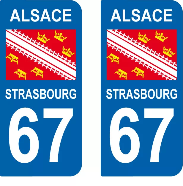2 Stickers style immatriculation auto drapeau et texte ALSACE  67 STRASBOURG