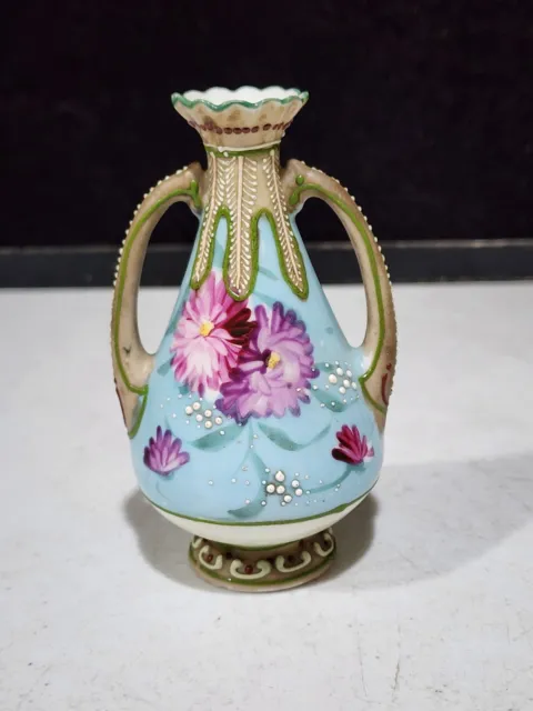 Vintage Nippon Hand Painted Moriage 4.5" Double Handle Pink Chrysanthemum Vase