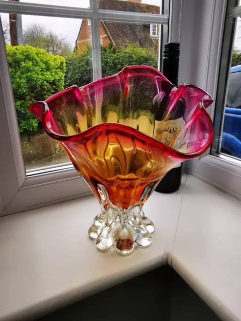 Large Vintage Czech Handkerchief Ruby, Amber & Clear Art Glass Bowl C1970's