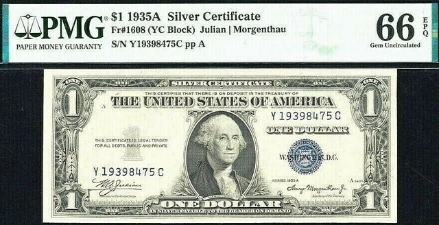 BIRTH YEAR 1939 Fr1608 $1.00 1935-A SILVER CERTIFICATE Y19398475C PMG66 GEM EPQ