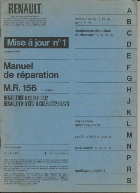 Renault - Mr 156 - Mise A Jour 1 - R 15 17 - 1971 / Manuel Reparation Atelier
