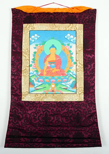 Thangka Des Buddha Shakyamuni Im Roten Brokatrahmen Handgemalt Buddhismus Nepal