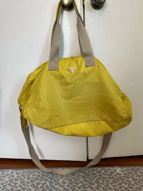 Authentic Prada Nylon Saffiano Yellow Duffle Travel Tote Bag