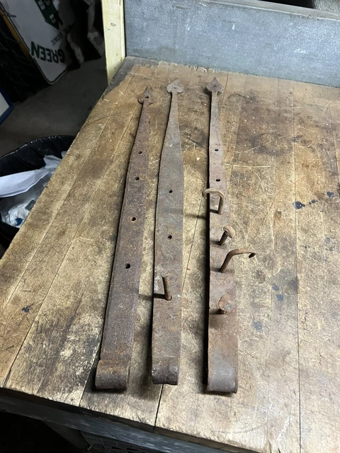 Antique Blacksmith Forged Wrought Iron Primitive Spade Barn Door Strap Hinges