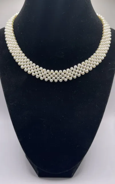 Vintage 14k Gold Woven 5 Row Real Pearl Necklace