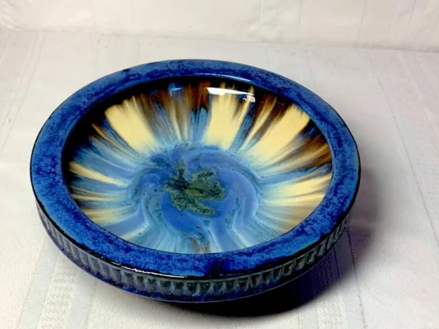 Fulper Pottery, Blue Flambe Over Cream Centerpiece Bowl, Banded Vertical Ribs~~~