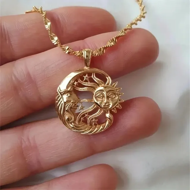 Golden Vintage Hollow Star Sun Moon Pattern Pendant Necklace Women's Fashion New