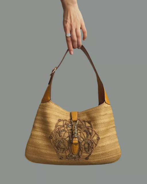 Gucci Limited Edition Raffia Straw Leather Jackie 1961 Summer Bag Embroidery