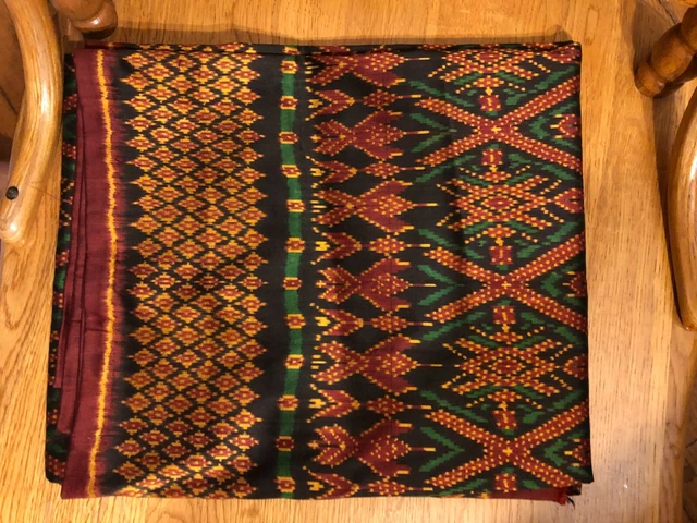 ANTIQUE HAND WOVEN IKAT SARONG gold, red, green,  cambodia 2 Yards cham textile