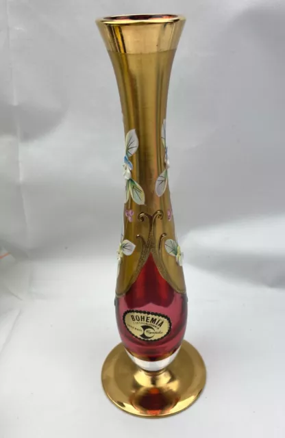 Bohemia Czech Republic Gold High Enamel Cranberry Handmade Crystalex 20Cm Vase